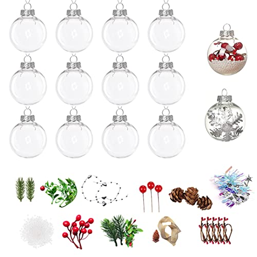 Wenosda Clear Plastic Acrylic Fillable Ball Ornament Set Holiday Ornaments（6cm,12pcs,Decorated Whole Ball）