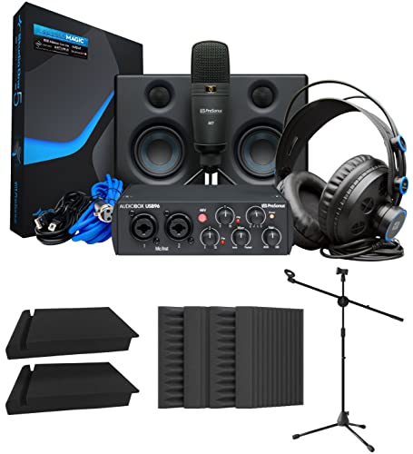 PreSonus AudioBox Studio Ultimate Bundle 25th Anniversary Edition with Studio Monitors and Studio One Artist, Blucoil 2x Isolation Pads, Adjustable Microphone Tripod Stand, and 4x 12″ Acoustic Wedges