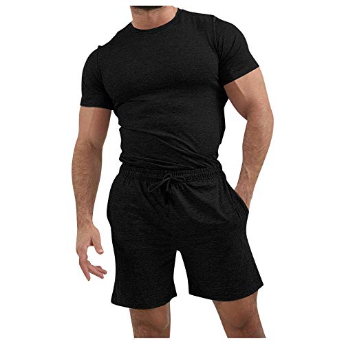 Mens Sport Set Summer Outfit 2 Piece Set Solid Short Sleeve T Shirts and Shorts Stylish Casual Muscle Sweatsuit Set Black