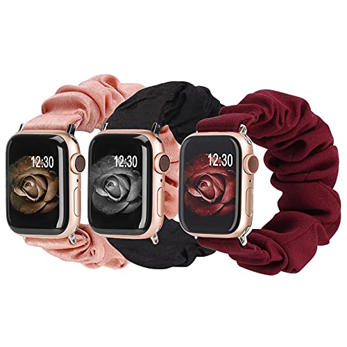 TOYOUTHS 3 Packs Compatible with Apple Watch Band Scrunchies 49mm(Ultra)/45mm/44mm/42mm Cloth Soft Pattern Printed Fabric Bracelet Women IWatch Elastic Scrunchy Band Series SE 8 7 6 5 4 3 2 1 M/L