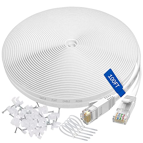 UDATON Cat 6 Ethernet Cable 100 Ft, High Speed Flat Ethernet Cable 100ft, Rj45 Internet Computer LAN Cable, Cat 6 Long Ethernet Cable for PS4,Box,Gaming Switch,WiFi-White(Free Cable Clips and Straps)