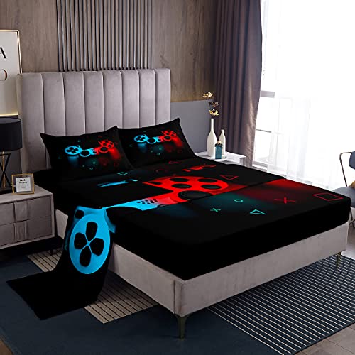 Gaming Bedding Sets for Boys Gamer Sheet Set Twin,Blue Red Gamepad Bed Sheet Sets Kid Men Video Games Fitted Sheet for Teen Child Game Room Decor Black Classic Retro Gaming Flat Sheet with Pillowcase