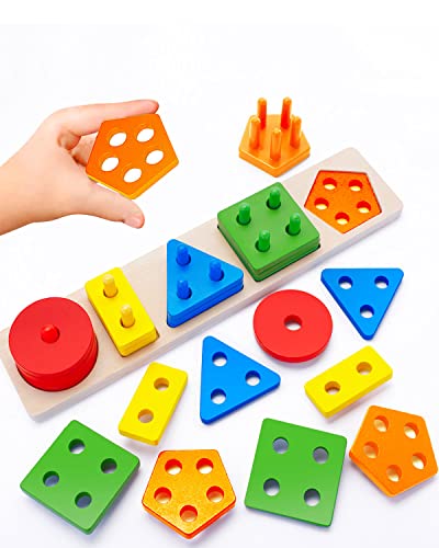 Montessori Toys for 1 2 3 4 Year Old Toddlers, Wooden Sorting & Stacking Toys (3 in 1 Multi_Play)for Toddlers Preschool,Color Recognition Shape Sorter Toy,Wooden Educational Toys,Puzzles for Kids.