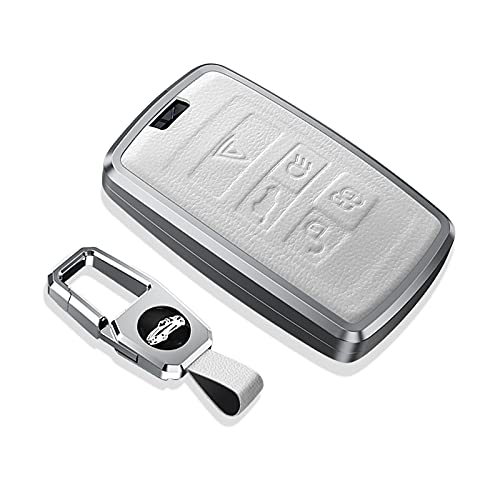 HIBEYO Compatible with Land Rover Discovery Range Rover Sport Evoque Key Fob Case Cover 2019 2020 2021 Remote Smart Metal Leather Key Shell Keyless Protector Holder Jacket 5 Buttons-White