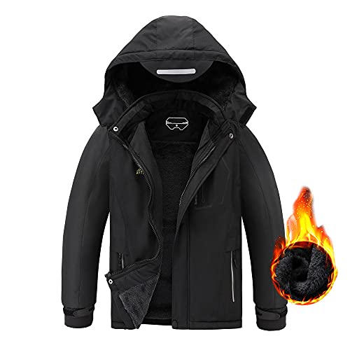 AFILOK Boy’s Ski Jacket Waterproof Breathable Kids Fleece Lined Windproof Hooded Snowboard Coats (Black, 10-12)