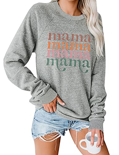 Blooming Jelly Women’s Fall Oversized Mama Sweatshirt Crewneck Long Sleeve Tops Casual Letter Print Cute Shirts Pullover Top（Medium,Grey