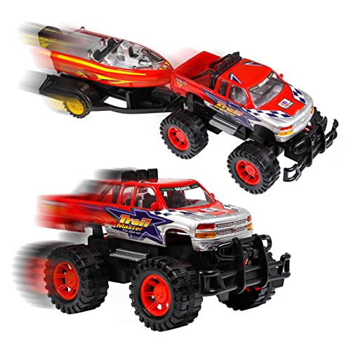 Kidplokio Friction Power Off Road Monster Toy Truck Speed Boat with Trailer Hitch, Red, Boys, Ages 3+