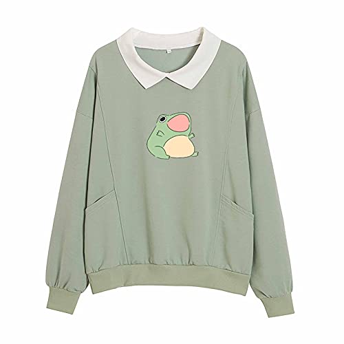KIEKIECOO Cute Aesthetic Frog Sweatshirt for Teen Girls Kawaii Cartoon Graphic Hoodie Womens Preppy Cotton Pullover Sweaters(Green,Medium)