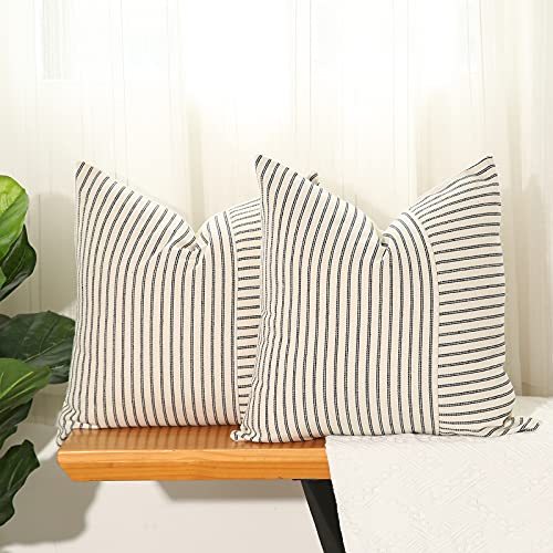Hckot Black and Beige Patchwork Farmhouse Throw Pillow Covers 18 x 18 Inch, Pack of 2 Striped Linen Decorative Pillow Case for Sofa Couch Chair Bedroom Modern Decor(Black)