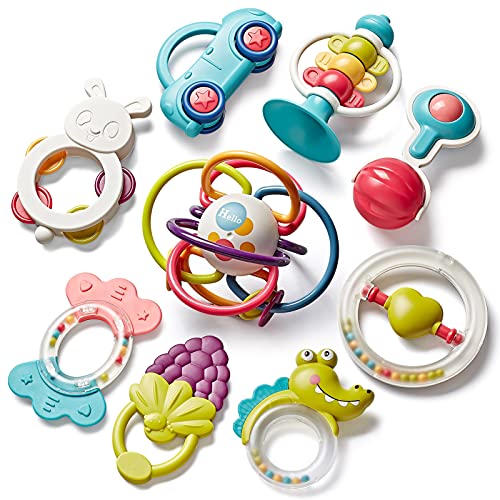 Bu-buildup 9 pcs Baby Rattle Teething Toys, Baby Rattles Toys, Infant Shaker with Storage Box, Grab and Spin Rattles for Newborn Girl Boy, Odorless Infant Toys for Babies 0-6-12 Months