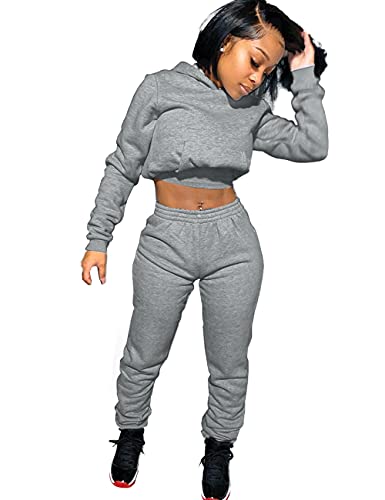 Jogger Sets for Women 2 Piece, Track Suits Outfits Long Sleeves Crop Hoodie and Sweatpants Two Piece Set Deep Grey M