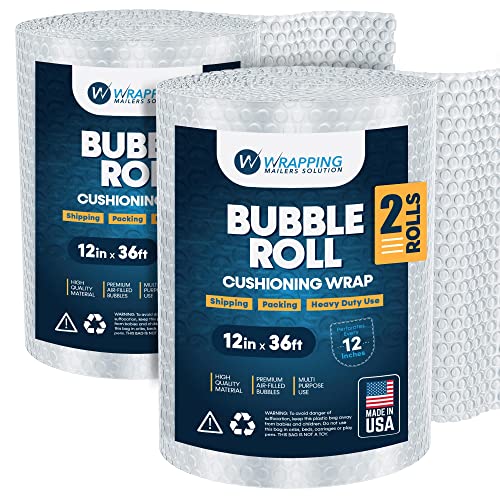 Air Bubble Cushioning Roll Wrap 12-Inches X 36-Feet Perforated Every 12-Inch For Shipping -For Packing and Moving Boxes Heavy Duty, Made In USA-High Quality