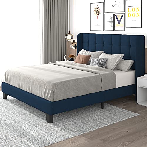 Hoomic Queen Size Wingback Bed Frame with Square Stitched Headboard, Fabric Upholstered Platform Bed, Strong Wood Slats Support Bed Mattress Foundation, No Box Spring Needed, Dark Blue