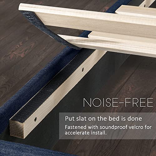 Hoomic Queen Size Wingback Bed Frame with Square Stitched Headboard, Fabric Upholstered Platform Bed, Strong Wood Slats Support Bed Mattress Foundation, No Box Spring Needed, Dark Blue | The Storepaperoomates Retail Market - Fast Affordable Shopping