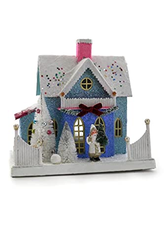 Cody Foster & Co Bright Blue Confetti Cottage with Santa 10 Christmas Village House, Multicolor