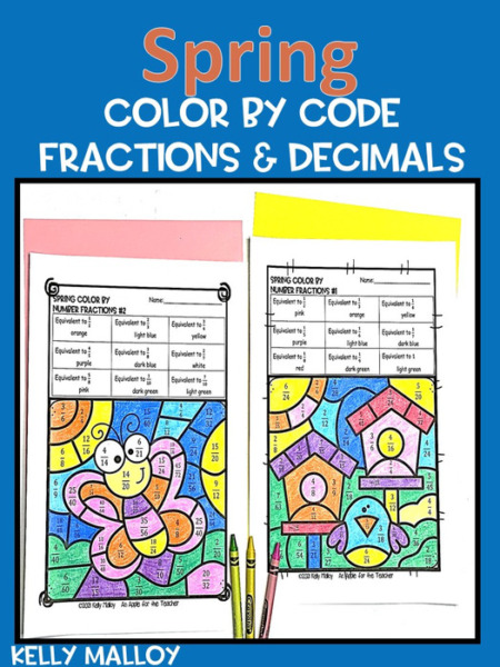 Spring Fractions and Decimals Color by Number Worksheets