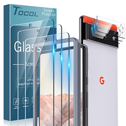 TOCOL [3+3 Pack Compatible with Google Pixel 6 5G 6.4”- 3 Pack Tempered Glass Screen Protector & 3 Pack Glass Camera Lens Protector, Case Friendly, Anti-Scratch [Alignment Tool] [Fingerprint Unlock]