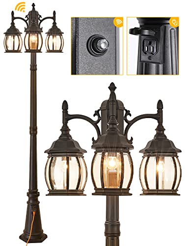 CMRCOZIRA Dusk to Dawn Vintage Outdoor Post Light 82.7″H 3-Headed Lamp Post with Outlet IP65 Waterproof Street Lantern 3 Light Black Clear Glass Outdoor Lamp Post Lights E26 Outdoor Street Light Yard