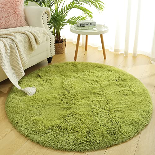 Chicrug Fluffy Round Area Rugs for Girls Bedroom, 4×4 Feet Shaggy Circle Area Rug for Living Room, Soft Fuzzy Carpets for Princess Room, Cute Rug Kids Circular Playmats for Baby Nursery Home, Green