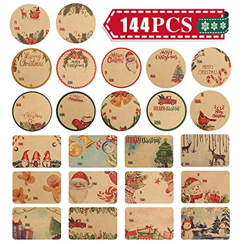 Giiffu 144 Xmas Adhesive Labels Natural Kraft Simple Christmas Self Adhesive Name Gift Tags ​Holiday Present Stickers