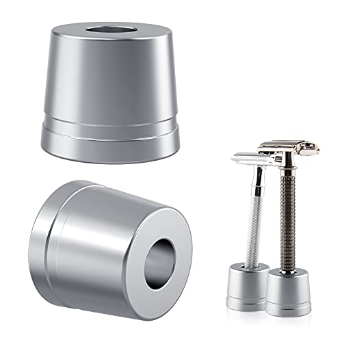 Linkidea 2 Pack Safety Razor Stand, Men’s Aluminum Alloy Shaving Razor Base Holder, Manual Razor Holder for Bathroom Countertops (Silver Grey)