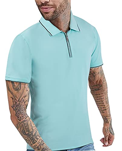 Atwfo Men’s Pique Polo Shirt-1/4 Zip Short Sleeve -Mesh Shirts -Golf Shirt for Men; Turn Down Collar Shirts (Aqua, Large)