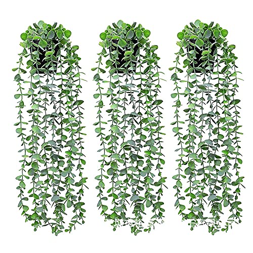 3 Pack Artificial Hanging Plant Decor, Fake Eucalyptus Leaves Ivy Plant Potted Faux Greenery Vines for Home Wall Indoor Outdoor Kitchen Patio Garden Office Party Wedding Green DIY Decorations,Set of 3