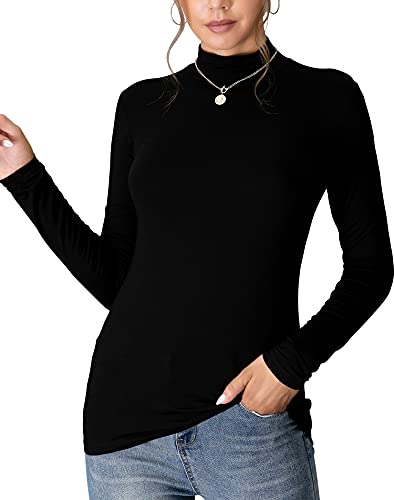 MANGDIUP Women’s Mock Turtle Neck Long Sleeve Pullover Tops Slim Fit Basic Lightweight Soft T-Shirts (Black, Medium)