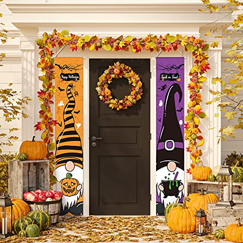 Tatuo 2 Pieces Halloween Outdoor Decorations Halloween Gnomes Porch Banners Sign for Front Door Outside Yard Party Supplies, Orange Purple