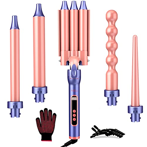 Brightup Curling Iron, 3 Barrel Hair Curler Hair Waver All in 1 Curling Wand with Interchangeable Ceramic Barrels and Heat Protective Glove, LCD Display, Instant Heating, Temperature Adjustment