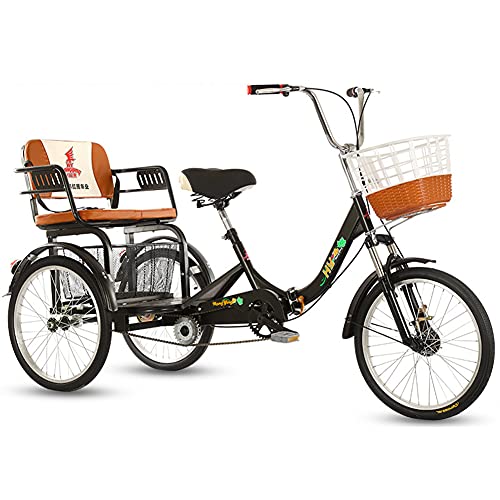 RSTJ-Sjef Folding Tricycle for Adult, 20 Inch Double Chain 3 Wheel Bikes with Back Seat, Single Speed Cruiser Bicycles with Shopping Basket -for Seniors,Women, Men,Black