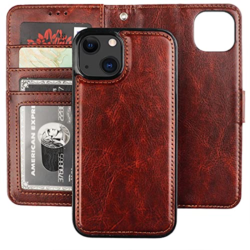 Bocasal Detachable Wallet Case for iPhone 13 RFID Blocking Card Slots Holder Premium PU Leather Magnetic Kickstand Shockproof Wrist Strap Removable Flip Protective Cover 5G 6.1 inch (Brown)