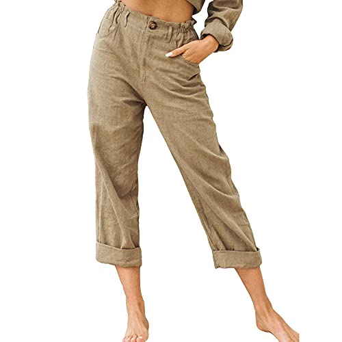 Leirke Womens Linen Buttons Cropped Pants High Elastic Waist with Pockets for Summer Casual Work Crop Pants Stretch Capris(Khaki,Medium)