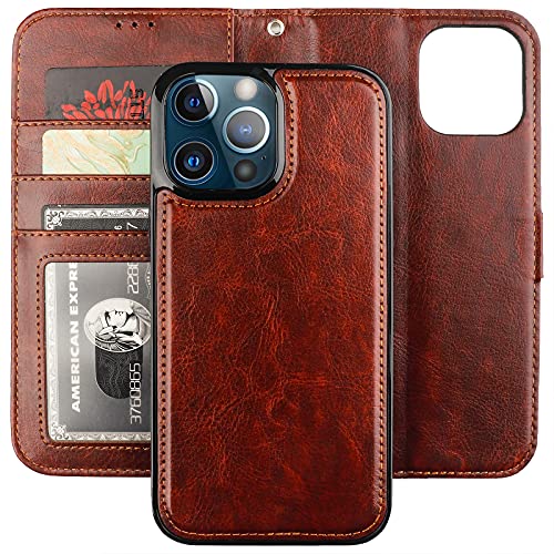Bocasal Detachable Wallet Case for iPhone 13 Pro Max RFID Blocking Card Slots Holder Premium PU Leather Magnetic Kickstand Shockproof Wrist Strap Removable Flip Protective Cover 5G 6.7 inch (Brown)