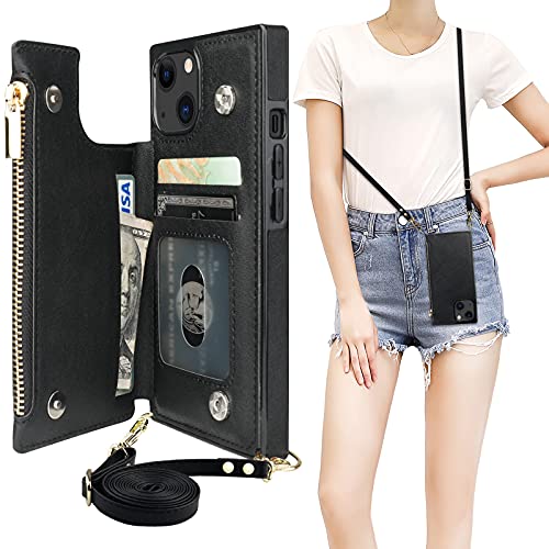 Bocasal Crossbody Wallet Case for iPhone 13 with RFID Blocking Card Slot Holder, Magnetic Flip Folio Purse Case, PU Leather Zipper Handbag with Detachable Lanyard Strap 6.1 Inch 5G (Black)