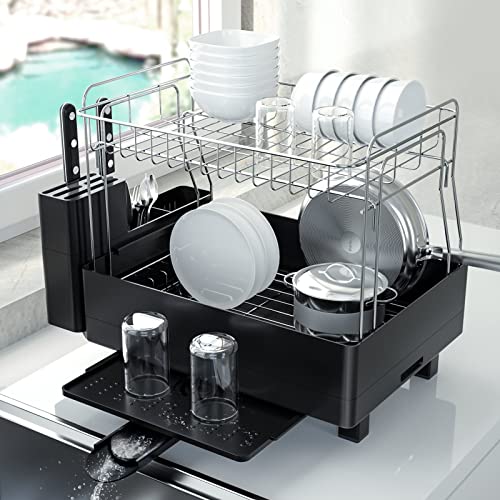 Klvied Dish Rack with Swivel Spout, 2 Tier Drying Rack for Kitchen Counter, Large Dish Drying Rack with Drainboard, Dish Strainers for Kitchen Counter, 304 Stainless Steel Dish Drying Rack, Black