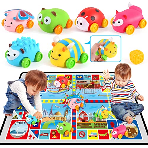 XQW Baby Toys Soft Cars for Toddlers 1-3,Rubber Toy Cars for 1+ Year Old Boys Girls,6pcs Push and go Toys car with 57″*38.5″ playmat,Toddler Educational Toys Cars Gift for 1 2 3 4 Year Old boy Girl