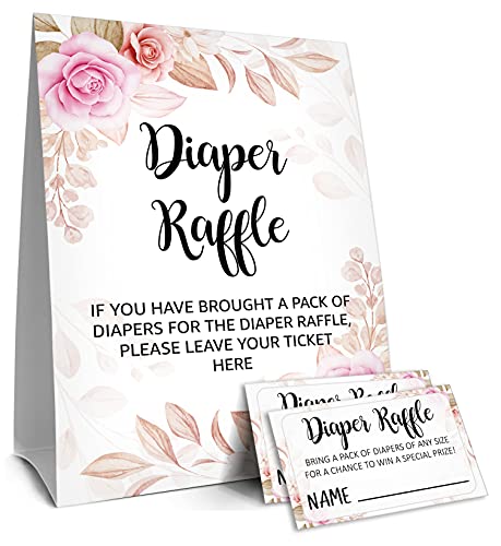 Diaper Raffle Tickets and Sign Baby Shower Games, Decorations, Party Favors For Baby Showers – 1 Sign, 50 Cards per Pack(DIAPER-B006)