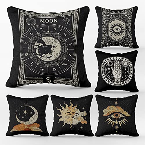 Tarot The Star Moon Sun Linen Throw Pillow Case, 18 x 18 Inch Set of 6, Tarot Theme Room Decor, Astrology Tarot Lovers Gifts, Mom, Daughter, Sister, Wife Gifts, Black Cushion Cover for Sofa Couch Bed 
