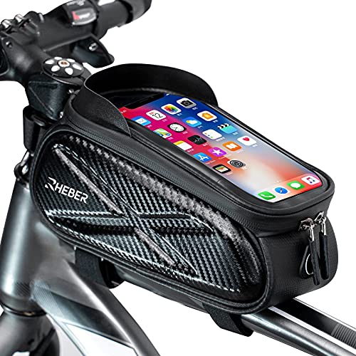 RHEBER Bike Phone Front Frame Bag Bicycle Bag Waterproof Bike Phone Mount Top Tube Bag Bike Phone Case Holder Accessories Cycling Pouch Compatible with Phone Below 7 Inches