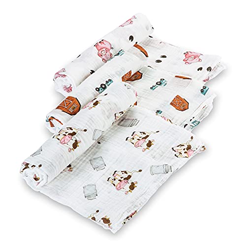 LollyBanks Muslin Swaddle Blanket | 100% Cotton |New Borns and Infants Blanket | Large 47 x 47 inches for Boys & Girls | Light Weight and Breathable | Pig, Cow & Barn Farm Print