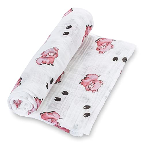 LollyBanks Muslin Swaddle Blanket | 100% Cotton |New Borns and Infants Blanket | Large 47 x 47 inches for Boys & Girls | Light Weight and Breathable | Pig, Cow & Barn Farm Print | The Storepaperoomates Retail Market - Fast Affordable Shopping