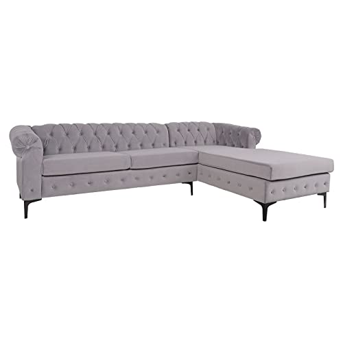 NOSGA Large Sofa,Velvet Sectional Sofa with Chaise Lounge, Modern Seater Couch Furniture, seat Sofa Classic Tufted Chesterfield Settee Sofa Tufted Back for Living Room (Grey)