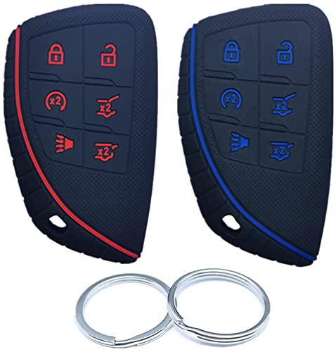 RUNZUIE 2Pcs 6 Buttons Silicone Smart Remote Key Fob Cover Compatible with 2022 2021 2020 Chevy Chevrolet Suburban Tahoe GMC Yukon GM-13541565 Black with Red/Blue