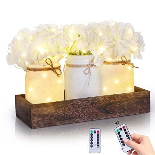 Waenerec Mason Jar Lighted Centerpiece Table Decorations Wood Tray with White Hydrangea Artificial Flowers Rustic Country Farmhouse Mason Jars Decor for Coffee Table Dining Room Living Room Kitchen