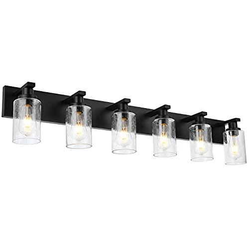 WINSHEN Modern Bathroom Vanity Light 6-Light Lamp in Black, Farmhouse Wall Light Fixture with Seeded Glass Shades Indoor Wall Lamp