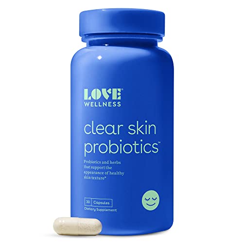 Love Wellness Clear Skin Probiotic, 30 Capsules – Probiotics to Clear Up Acne Pimples, Reduce Pores for Healthy & Hydrated Skin – Bifidobacterium Longum & Chaste Tree Fruit Extract – Safe & Effective