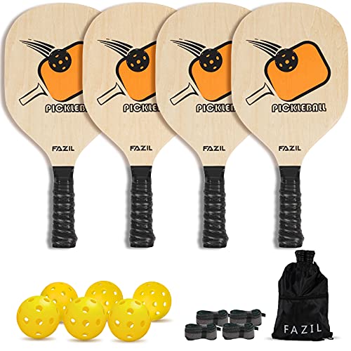 Fazil Wood Pickleball Paddles Set of 4 Rackets 6 Yellow Balls, Pickle Ball Raquette Set, Pickleball Rackets Pickleballs Set, Lightweight Pickelball Racquet with Portable Pickleball Bag for Kids Adults