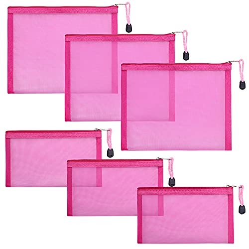 besharppin 6 Pack Mesh Cosmetic Bags, Nylon Makeup Pouches with Zipper for Home Office Purse Diaper Bag (Rose)