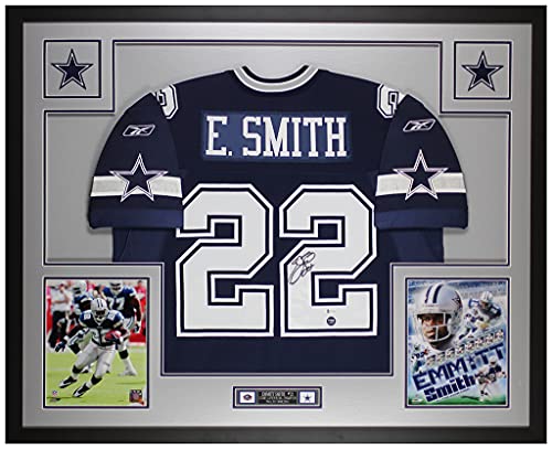 Emmitt Smith Autographed Blue Dallas Jersey – Beautifully Matted and Framed – Hand Signed By Smith and Certified Authentic by Beckett – Includes Certificate of Authenticity